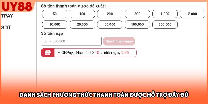 Danh sách phương thức thanh toán được hỗ trợ đầy đủ