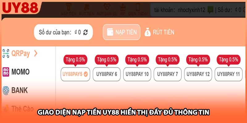 Giao diện nạp tiền UY88 hiển thị đầy đủ thông tin